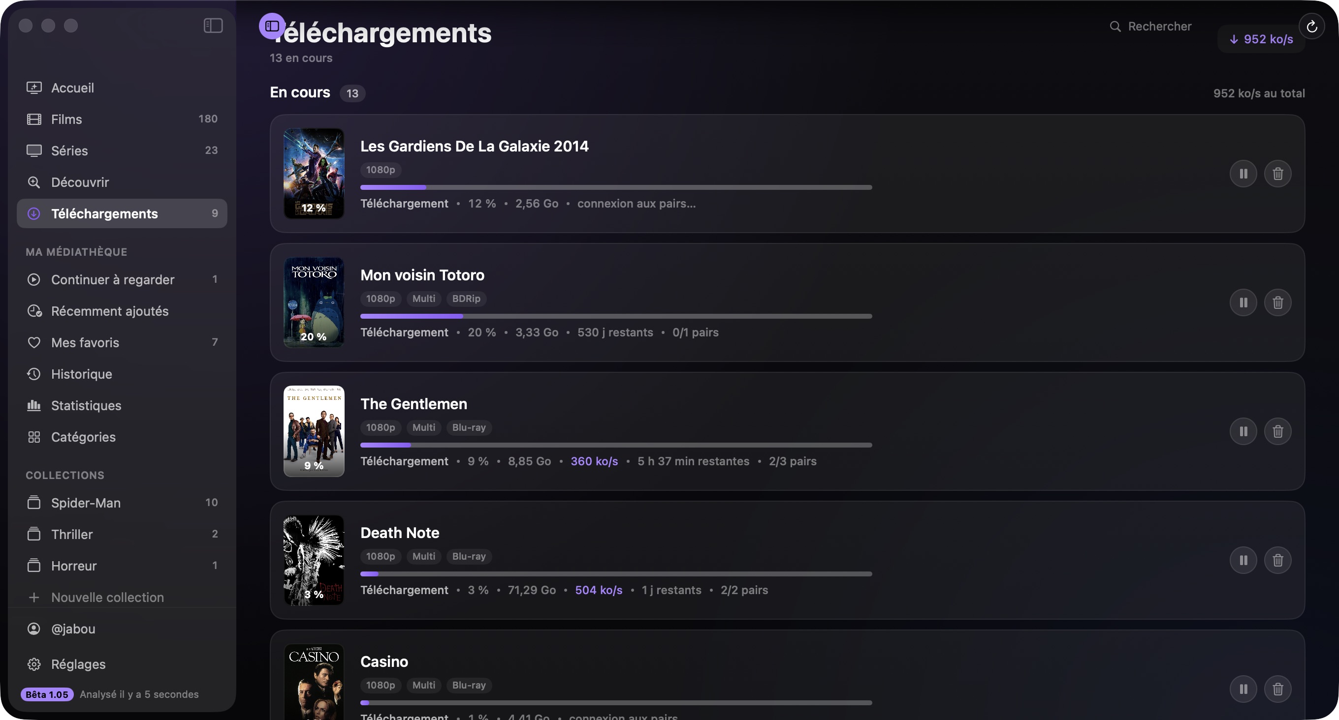 Les téléchargements en cours : treize films, avancement, débit et temps restant